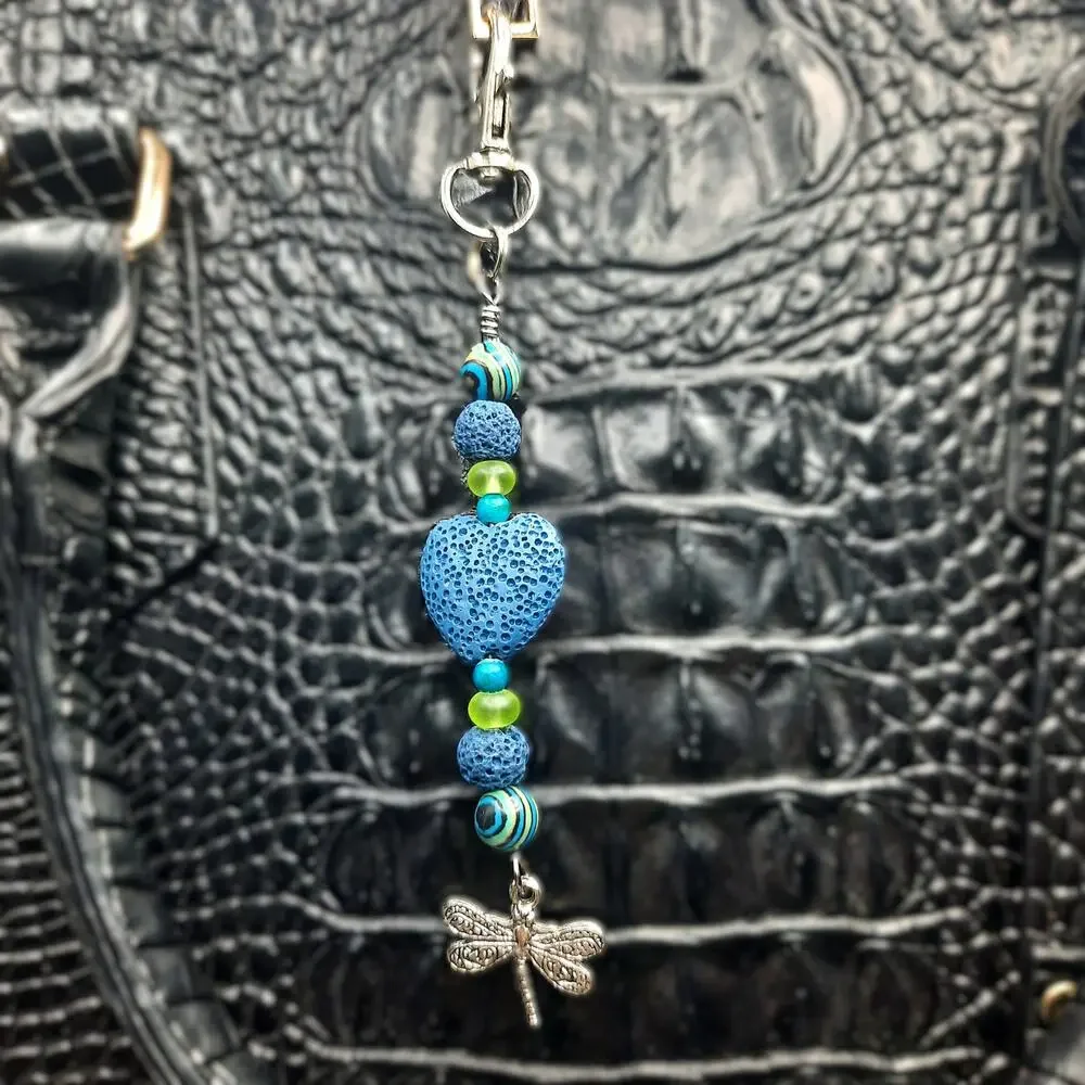 GIFT - Dragonfly Beaded Bag Charm Artisan Blue Heart Lava Stone Diffuser